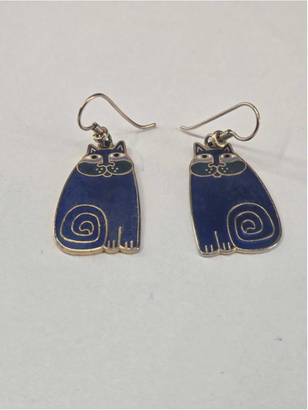Laurel Burch Olivia Cat Earrings Blue Green Goldtone Enamel Fishhook Dangle